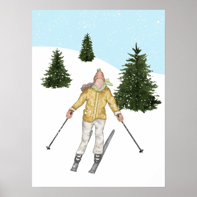 Vattenfärg Skidåkare Och Backar Med Granar Vinter Poster (Framsidan)