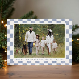 Vattenfärg Skifferblå Gingham Jul Foto Julkort