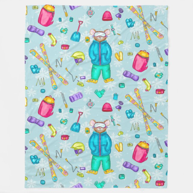 Vattenfärg Skiing Pika med redskap på Blå Snö Fleecefilt (Framsidan)