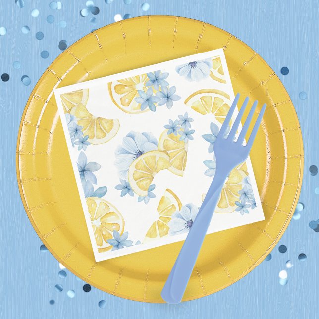 Vattenfärg skivad citron och blått blommönster pappersservett (Watercolor Lemon and Blue Flower Floral Paper Napkins for Birthday, Baby Shower or Bridal Shower)