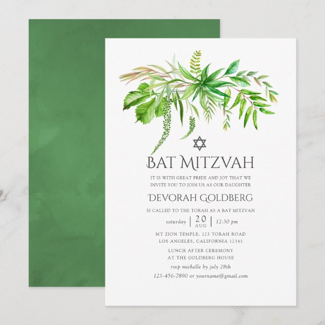 Vattenfärg Skog Grönska Bat Mitzvah Inbjudningar (Fram/baksida)