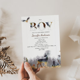 Vattenfärg Skog Pojke Land Djur Baby Shower Inbjudningar