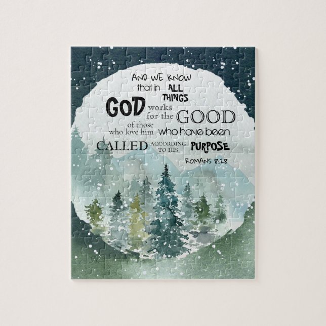 Vattenfärg Skogen Romans 8:28 Bible Verse Pussel (Vertikal)