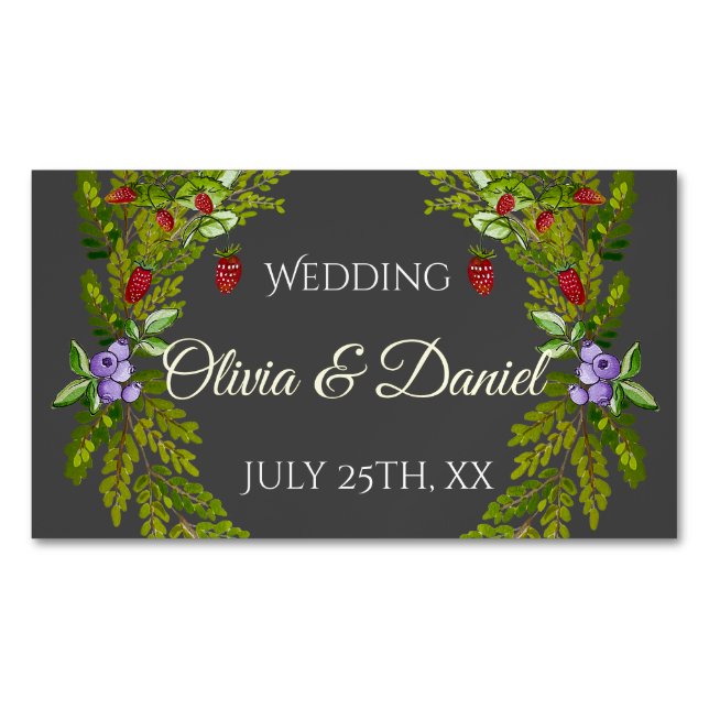 Vattenfärg skogs bär och svamp bröllopskrans magnetiska visitkort (Framsida)