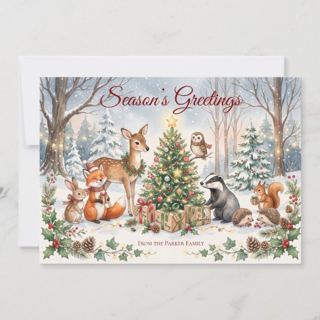 Vattenfärg Skogs Djur Jul Julkort (Framsida)