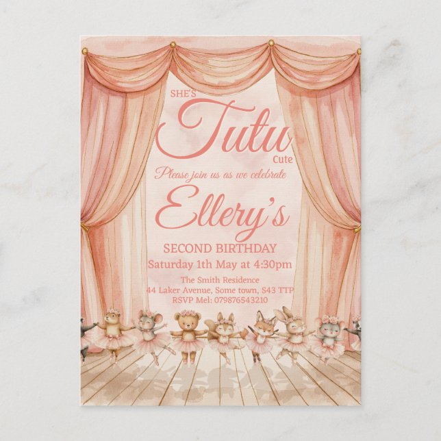 🖌️🦊🐰🩰 Vattenfärg Skogsbalettinbjudningar Vykort (Framsida)