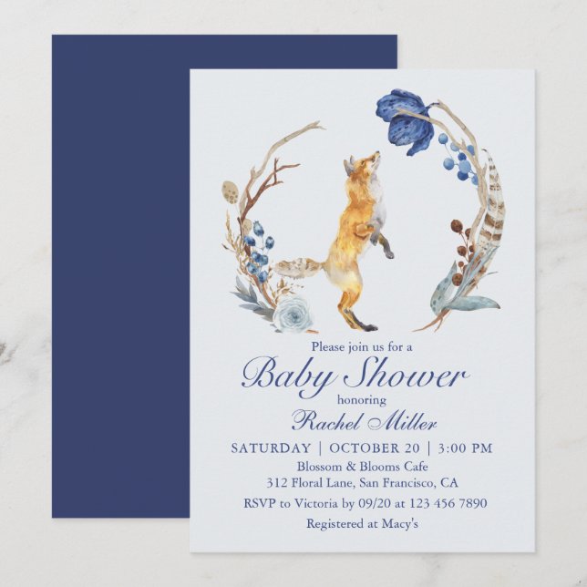 Vattenfärg Skogsräv Baby Shower Inbjudningar (Fram/baksida)