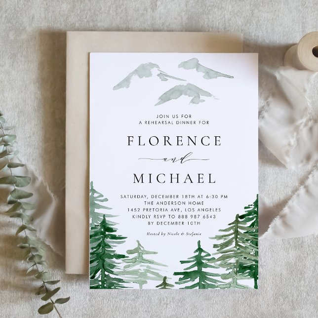 Vattenfärg Skogsrepetition Brunch-inbjudan Inbjudningar (Woodland rehearsal brunch invitation featuring watercolor forest. Perfect for winter weddings.)