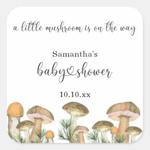 Vattenfärg skogssvamp baby shower fyrkantigt klistermärke