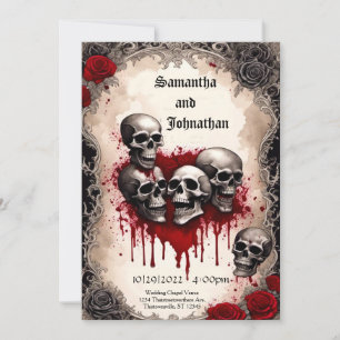 Vattenfärg Skull och blödande hjärta Goth Bröllop Inbjudningar