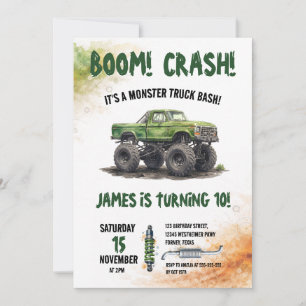 Vattenfärg Smash & Crash Monster Truck Födelsedag Inbjudningar