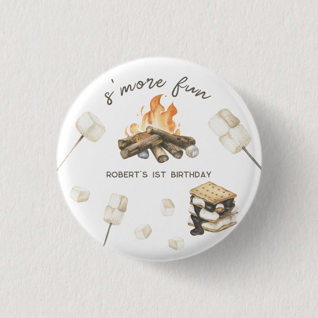 Vattenfärg S'more lägereld 1-års födelsedag Knapp (Framsida)