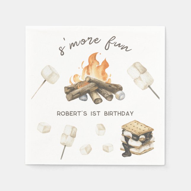 Vattenfärg S'more lägereld 1-års födelsedag Pappersservett (Framsidan)