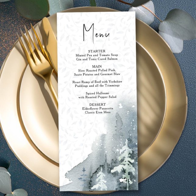 Vattenfärg Snö Skog Dammtig Blå VinterHochzeit M Meny (Wedding Menu from the Snow Forest wedding collection by Darling & May)