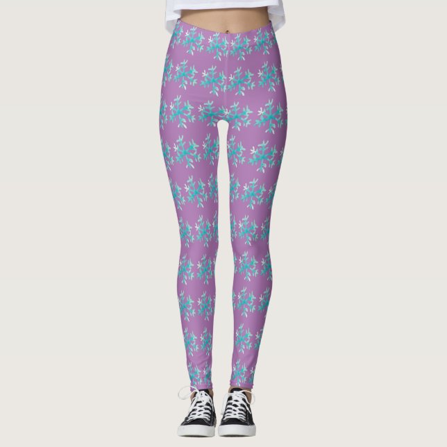 Vattenfärg Snöflinga Blå  Lila Vinter  Leggings (Framsida)