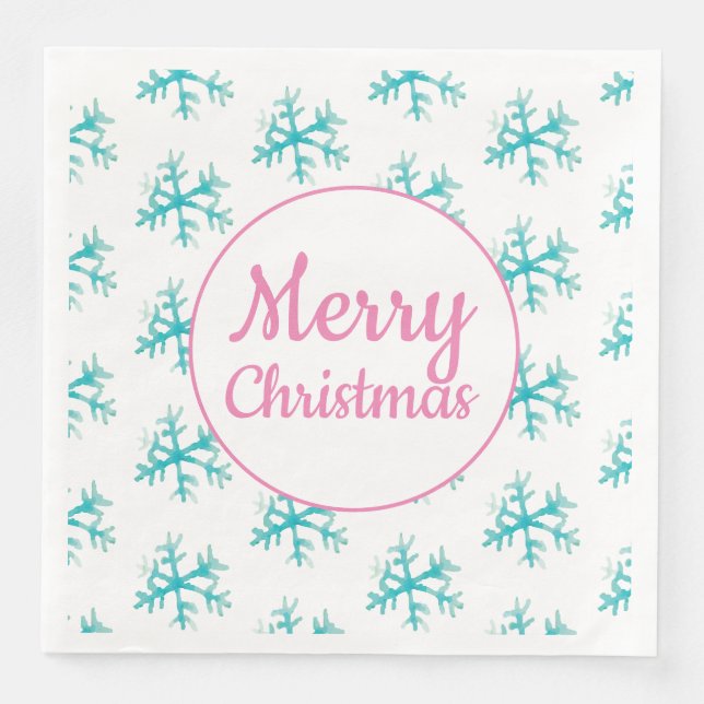 Vattenfärg Snöflingor Glad Jul Servetter Rosa (Framsida)