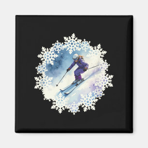 Vattenfärg Snöflingor Och Skidåkare Magnet