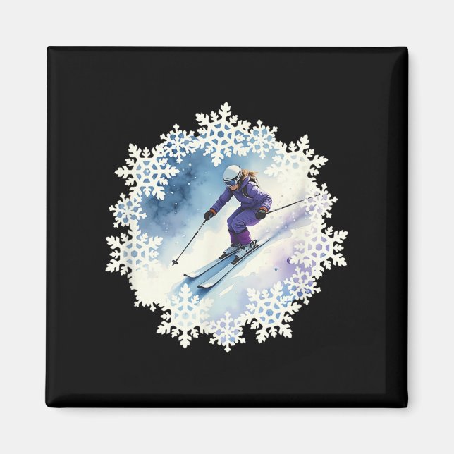 Vattenfärg Snöflingor Och Skidåkare  Magnet (Framsidan)