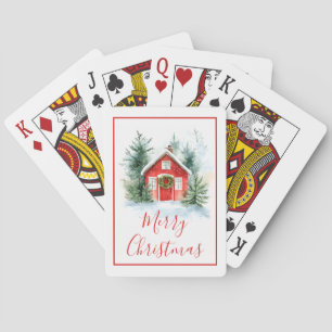 Vattenfärg Snöig Stuga God Jul Kort Casinokort