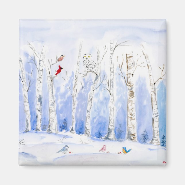 Vattenfärg Snöj Uggla, Sång fåglar och fågelfåglar Magnet (Framsidan)