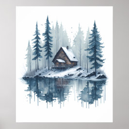 Vattenfärg Snöliggande med Lakeside Cabin Poster