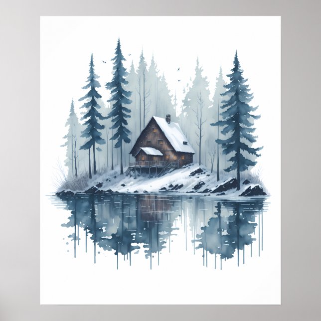 Vattenfärg Snöliggande med Lakeside Cabin Poster (Framsidan)