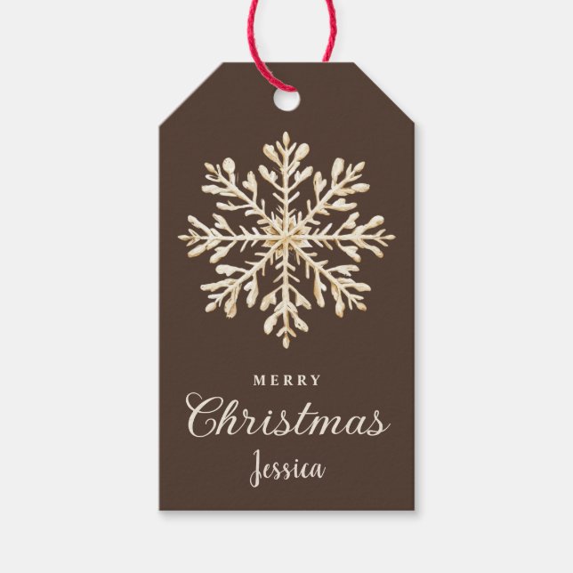 Vattenfärg Snowflake Brown Anpassningsbar jul Presentetikett (Framsidan)