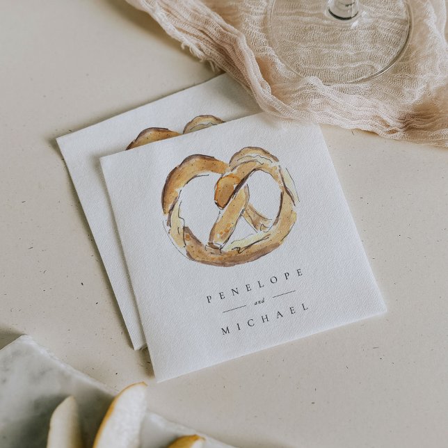 Vattenfärg Soft Pretzel Personlig Bröllop Pappersservett (Watercolor pretzel New York City wedding napkins.)
