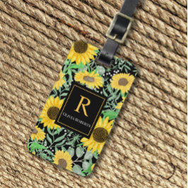 Vattenfärg Solblommor på svart Monogram Bagagebricka