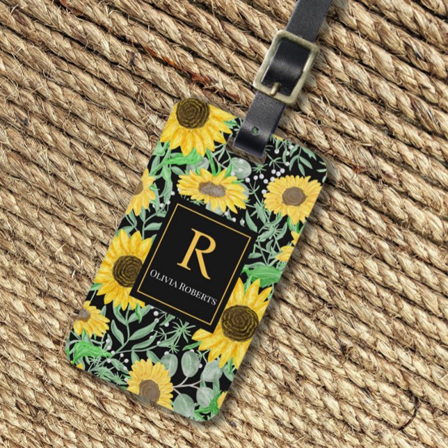 Vattenfärg Solblommor på svart Monogram Bagagebricka (Skapare uppladdad)