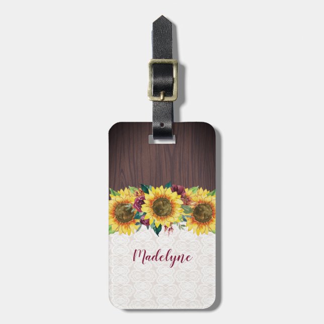 Vattenfärg Solblommor Snöre Wood Rustic Namn Bagagebricka (Vertikal Framsida)