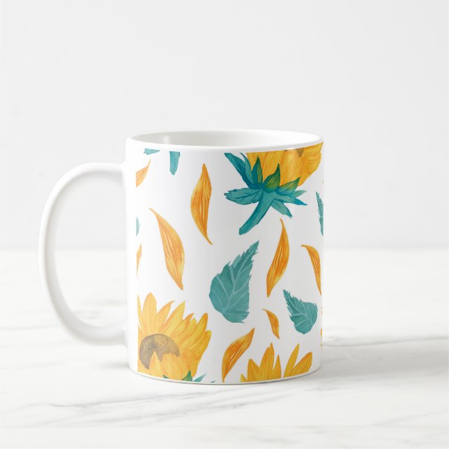 Vattenfärg Solblommor: Sommarbotaniskt tryck Kaffemugg (Vänster)