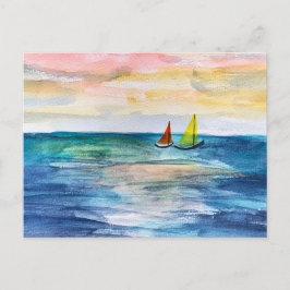 Vattenfärg Solnedgång med segelbåtar Helg Vykort