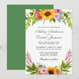 Vattenfärg Solros Blommig Bröllop Grön Inbjudningar