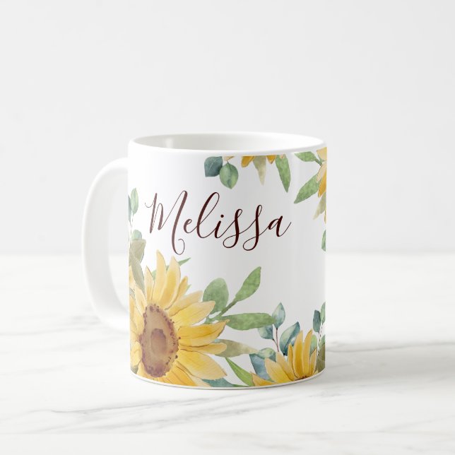 Vattenfärg Solros Blommigt Monogram Namn Kaffemugg (Framsida vänster)