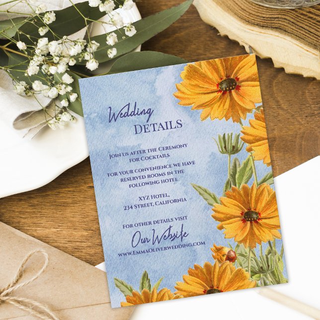 Vattenfärg Solros Bröllopsdetaljer Information Tilläggskort (Watercolor Sunflower Wedding Details Card Summer Countryside Information Insert)