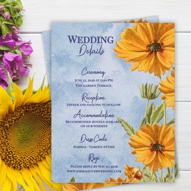 Vattenfärg Solros Bröllopsdetaljer Information Tilläggskort (Watercolor Sunflower Wedding Details Card Information Insert Summer Countryside Enclosure Card)