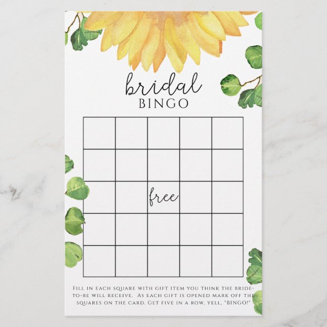 Vattenfärg solros bröllopsdusch bingo spel (Framsida)