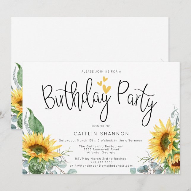 Vattenfärg Solros Födelsedagsfest inbjudan (Fram/baksida)