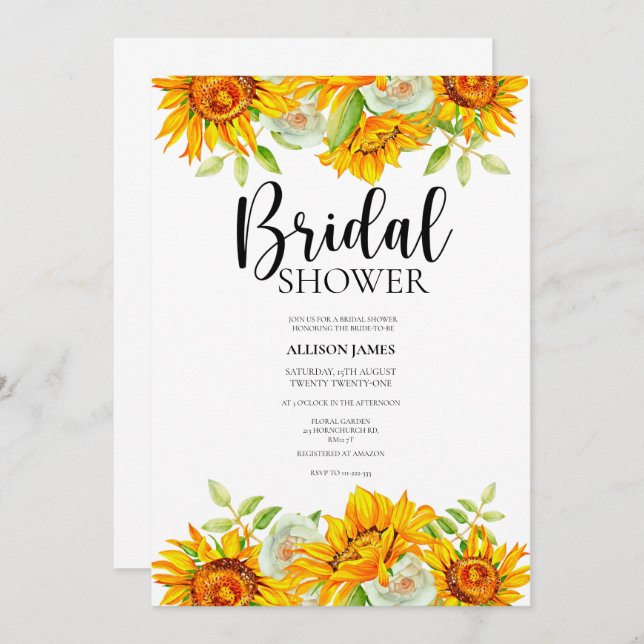 Vattenfärg Solros Inbjudningskort för möhippan (Fram/baksida)