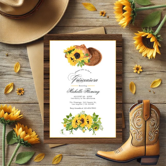 Vattenfärg Solros Rustic Western Quinceañera Inbjudningar (Watercolor Sunflower Rustic Western Quinceañera Invitation)