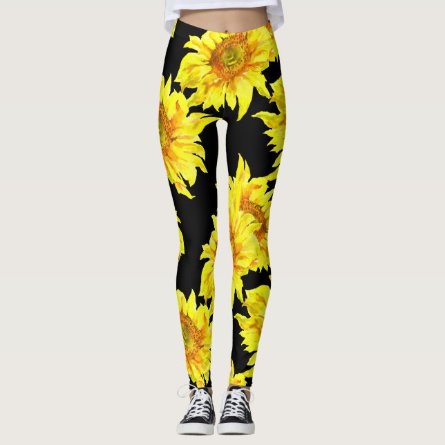 Vattenfärg Solros Sömlös Mönster Leggings (Framsida)