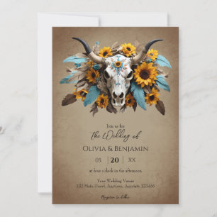 Vattenfärg Solrosblomma Feather Cow Skull Bröllop Inbjudningar