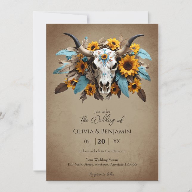 Vattenfärg Solrosblomma Feather Cow Skull Bröllop Inbjudningar (Framsida)