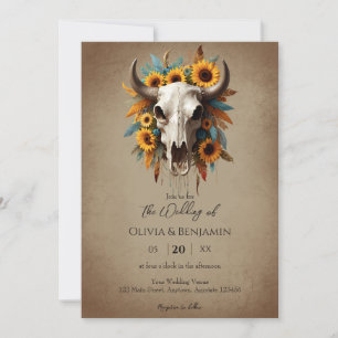 Vattenfärg Solrosblomma Feather Cow Skull Bröllop Inbjudningar