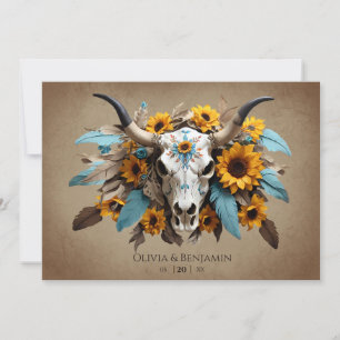 Vattenfärg Solrosblomma Feather Cow Skull Bröllop Inbjudningar