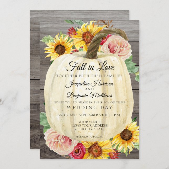 Vattenfärg Solrosblommor Blommigt Vitpumpkin Trä Inbjudningar (Fram/baksida)