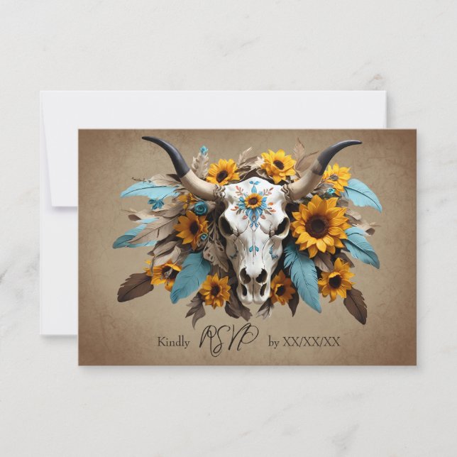 Vattenfärg Solrosfjäder Cow Skull Bröllop OSA Kort (Framsida)