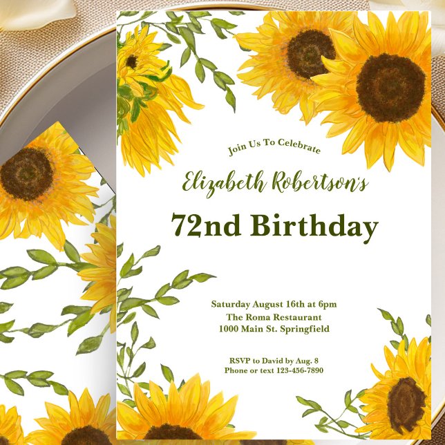 Vattenfärg Solrosor 72-årsdag Invitation Inbjudningar (Skapare uppladdad)