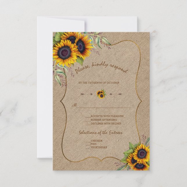 Vattenfärg Solrosor Jute Wedding RSVP OSA Kort (Framsida)